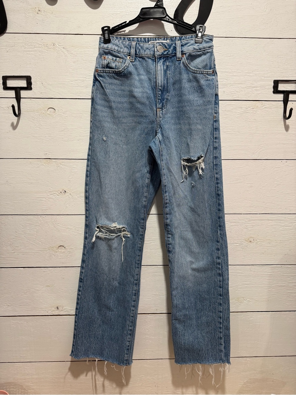 100% Cotton Garage blue high-waisted straight-leg jeans with distressed details